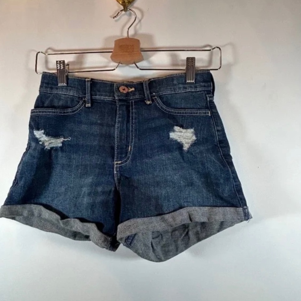 Abercrombie Kids - Girls High Rise Distressed Denim Jean Shorts (Dark Blue)